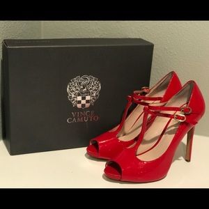 Red platinum Vince Camino strapping heels